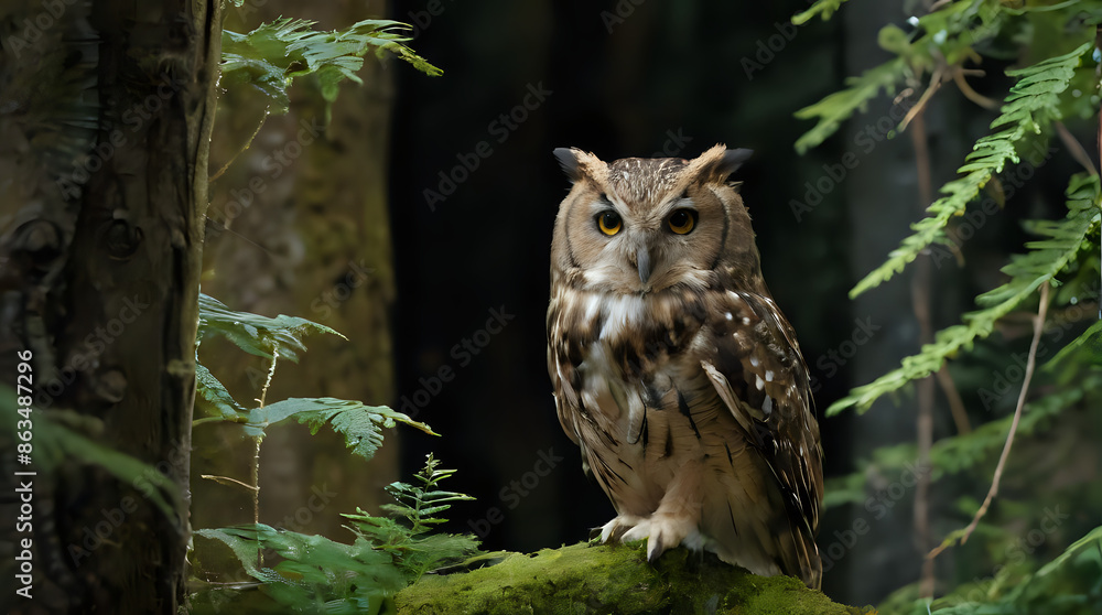 a owl that is sitting on a mossy branch a owl that is sitting on a mossy branch