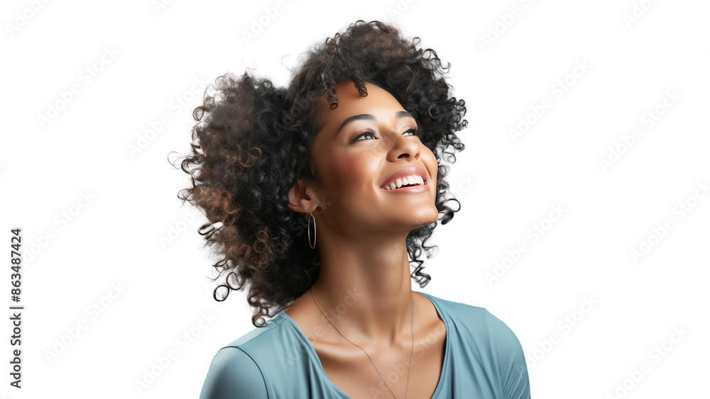 © The Stock Guy - Portrait of happy African American woman smiling and looking up with afro hair, isolated on transparent background