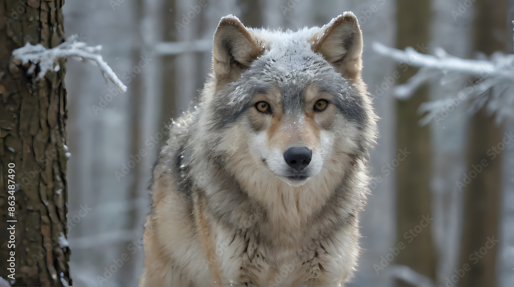 Fototapeta premium a wolf standing in the snow near a tree