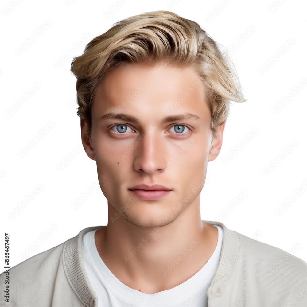 Portrait of handsome blonde European male model looking with a smile on face, isolated on transparent background Portrait of handsome blonde European male model looking with a smile on face, isolated on transparent background