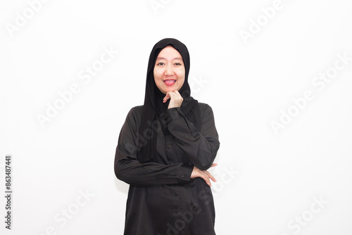 Beautiful and cheerful young Asian Muslim woman, with various expressions. isolated on white background