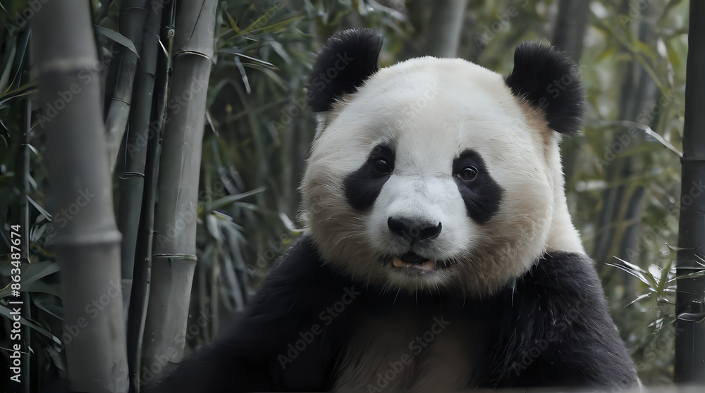 Obraz premium panda bear sitting in bamboo forest with bamboo trees in background