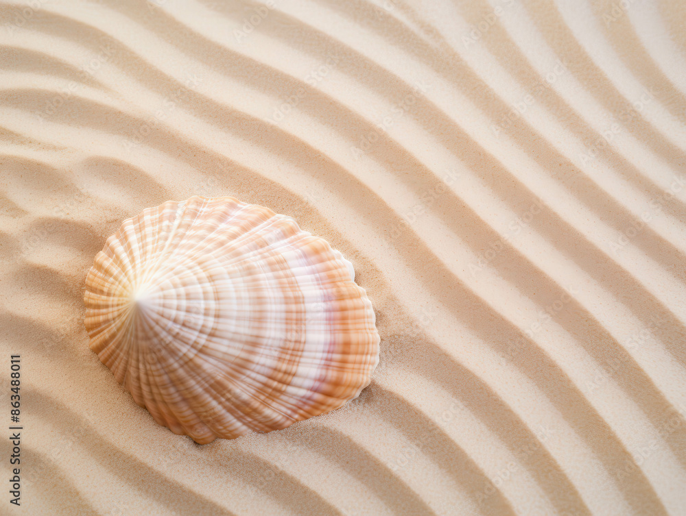 Beautiful Seashell Partially Buried in Golden Sand on a Tranquil Beach with Soft Waves in the Distance Beautiful Seashell Partially Buried in Golden Sand on a Tranquil Beach with Soft Waves in the Distance