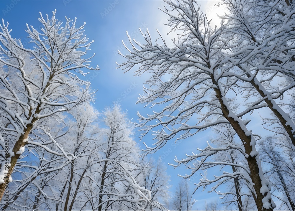 Obraz premium Bottom up view of Winter tree branches with no leaves covered by snow and a cloudy blue sky in the background 