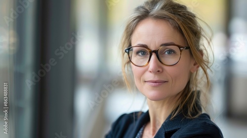 Smart, intelligent, friendly, likable portrait of an executive business woman manager, advisor, agent, representative with glasses 