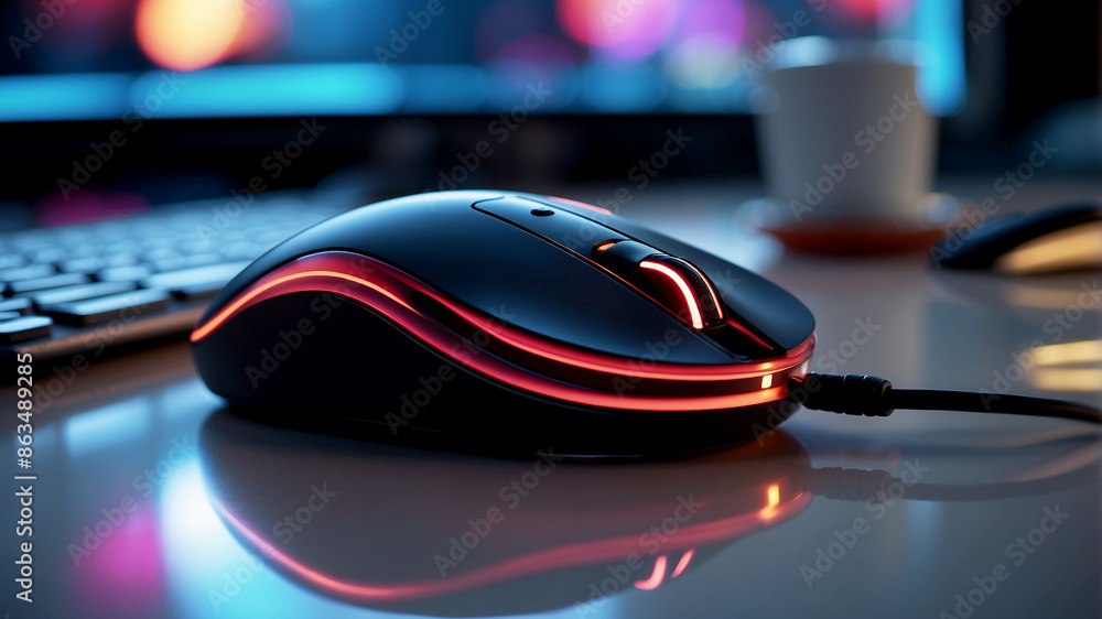 modern computer mouse sits on a high-tech, illuminated desk. The background features multiple monitors displaying vibrant modern computer mouse sits on a high-tech, illuminated desk. The background features multiple monitors displaying vibrant