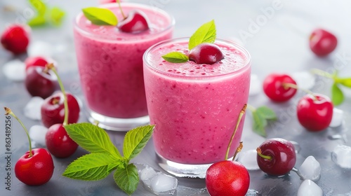 Wallpaper Mural Refreshing cherry smoothie in glasses with fresh cherries and mint leaves, surrounded by ice cubes on a blue background. Torontodigital.ca