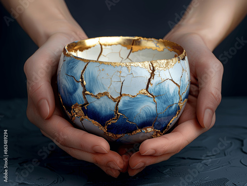 Kintsugi style cracked porcelain bowl klein blue white glaze gold cracks hands holding broken cup dark background photography high resolution high detail hyper realistic masterpiece photo