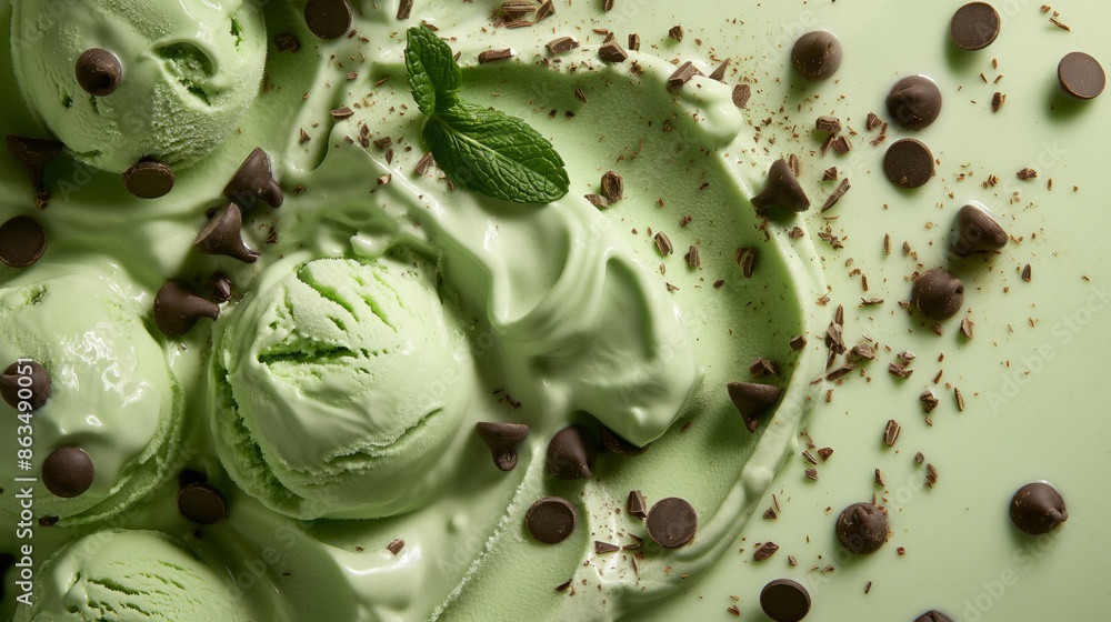 Obraz premium Tasty scoops of mint chocolate chip ice cream topped