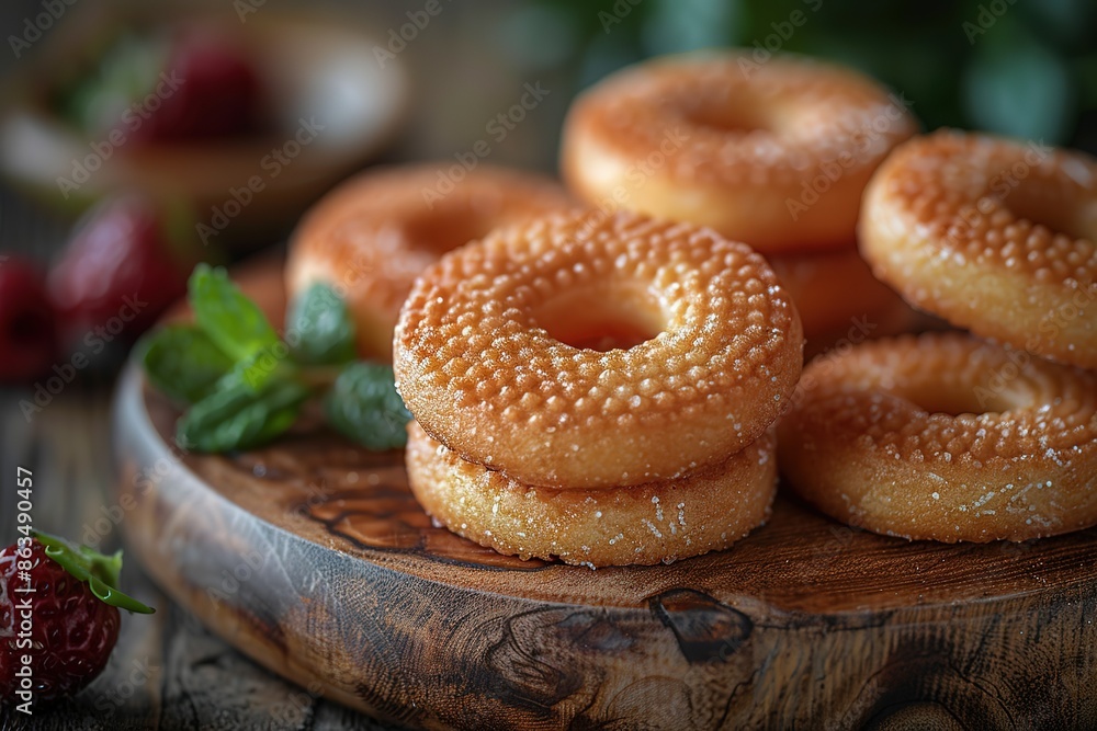 A plate of donuts with a few strawberries on the side A plate of donuts with a few strawberries on the side