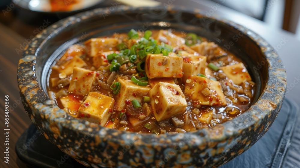 Mapo tofu served in a heated stone bowl Mapo tofu served in a heated stone bowl