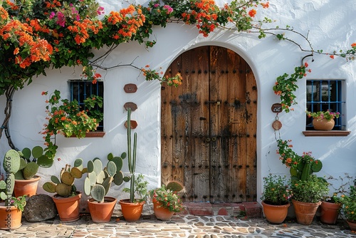 A white building with a large archway and a wooden door