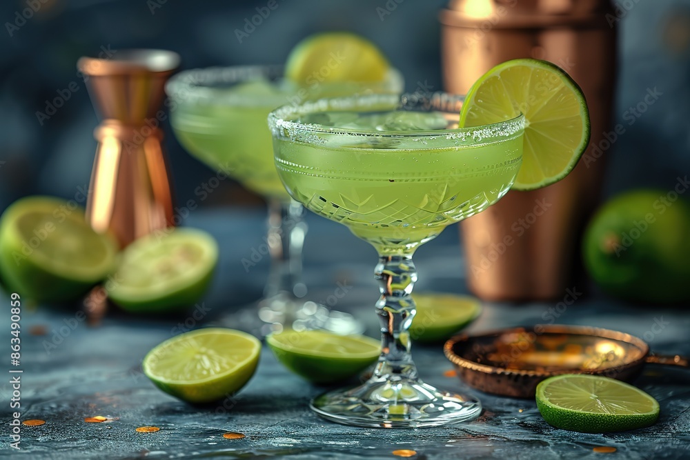 Two glasses of limeade with a lime slice on top Two glasses of limeade with a lime slice on top