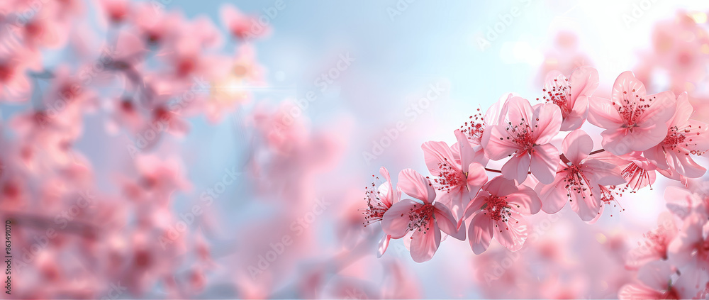Sakura Blossoms Against Blue Sky Banner, Pink Flowering Cherry Tree Branch in Spring, Pastel Colors, Sunny Floral Background, Japan Sakura Season Sakura Blossoms Against Blue Sky Banner, Pink Flowering Cherry Tree Branch in Spring, Pastel Colors, Sunny Floral Background, Japan Sakura Season