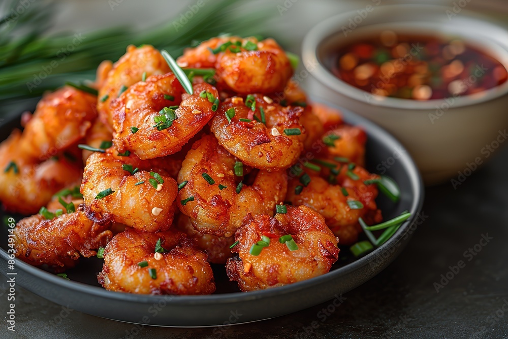 A plate of shrimp is covered in sauce and garnished with parsley A plate of shrimp is covered in sauce and garnished with parsley