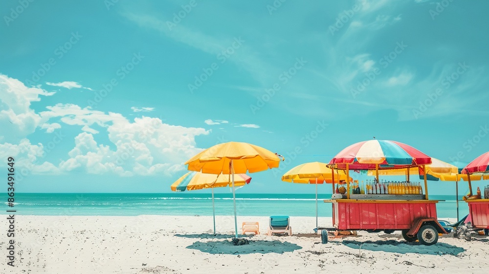 A series of vibrant beach umbrellas along a pristine shore, with a mobile bar serving chilled lemonades A series of vibrant beach umbrellas along a pristine shore, with a mobile bar serving chilled lemonades