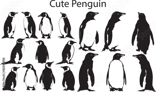 A Set of Silhouette Cute Penguin Bird vector illustration.