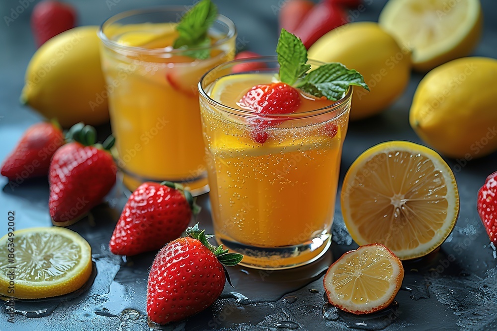 Two glasses of a drink with strawberries and lemon slices on a table Two glasses of a drink with strawberries and lemon slices on a table