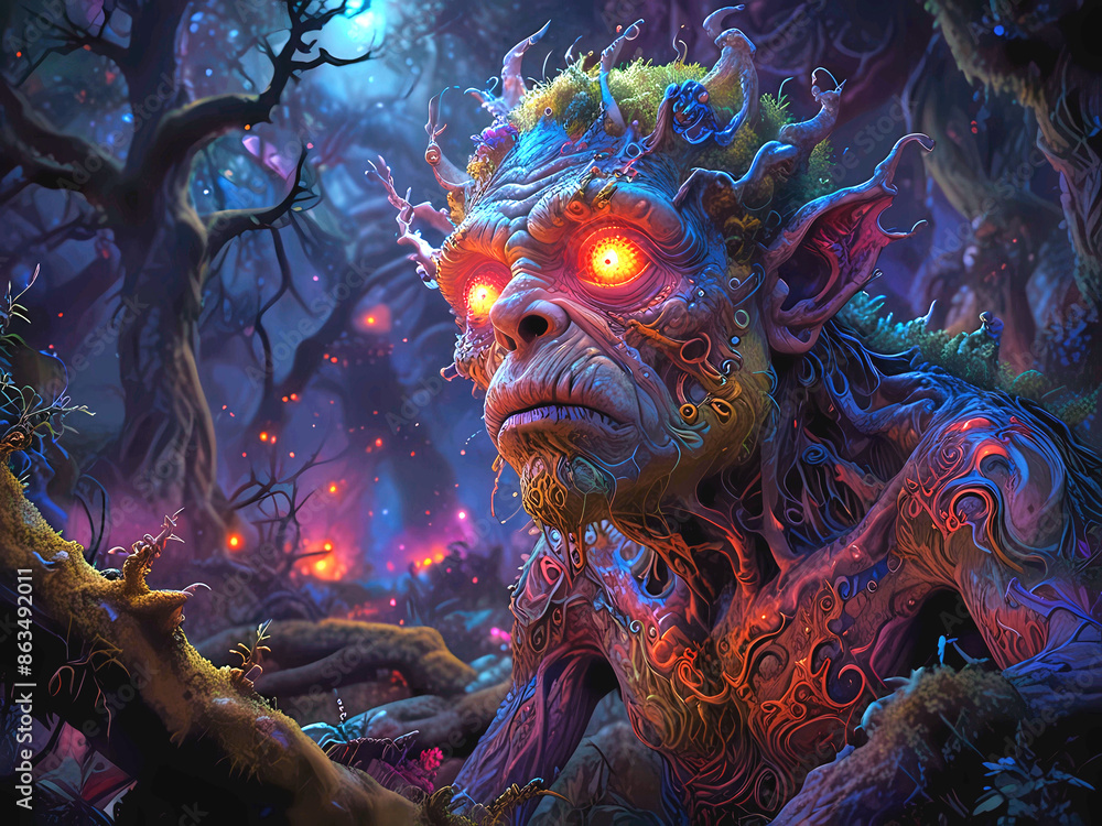 With skin like ancient craggy stone, the unearthly troll's hulking form looms in the shadowy depths of a mystical forest. With skin like ancient craggy stone, the unearthly troll's hulking form looms in the shadowy depths of a mystical forest.