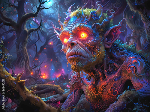 With skin like ancient craggy stone, the unearthly troll's hulking form looms in the shadowy depths of a mystical forest. 