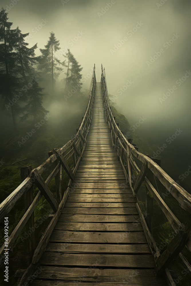 Obraz premium Mysterious Wooden Suspension Bridge Leading Into a Misty Forest Surrounded by Dense Foliage