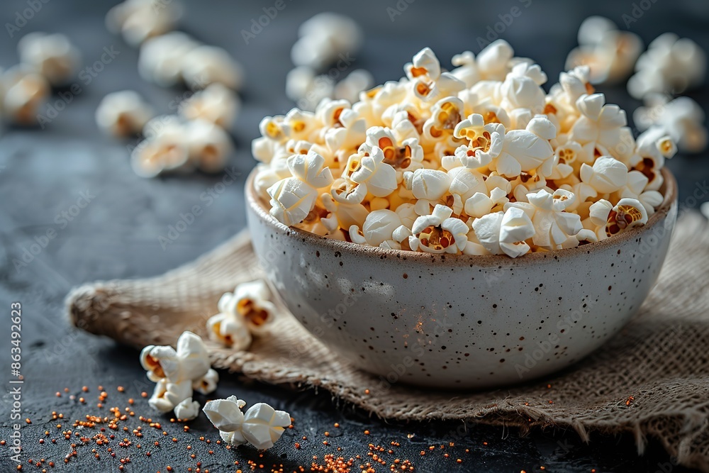 A bowl of popcorn is sitting on a table with a blanket underneath it A bowl of popcorn is sitting on a table with a blanket underneath it