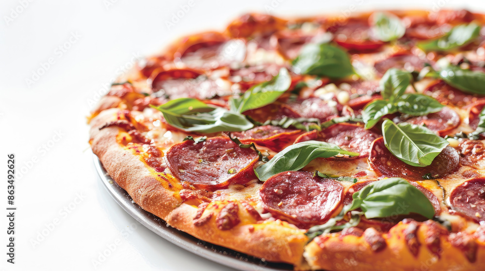 Pepperoni Pizza with Fresh Basil and Melted Cheese on a Thin Crust Pepperoni Pizza with Fresh Basil and Melted Cheese on a Thin Crust