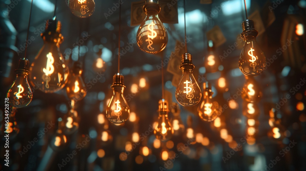 Currency symbols glowing inside light bulbs representing the concept of global economy Currency symbols glowing inside light bulbs representing the concept of global economy