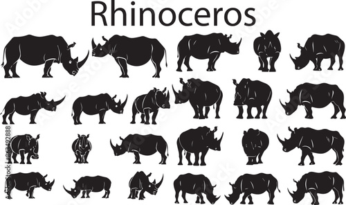 A Lot of Silhouette Rhino Ceros Black and white animal collection. Silhouette Rhino Ceros vector illustration