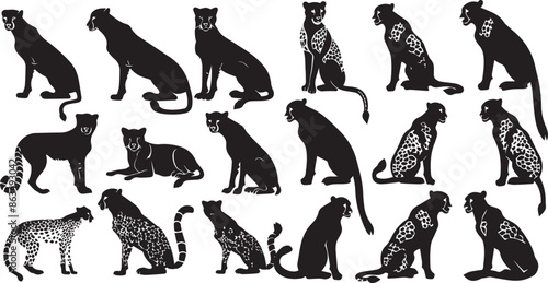 A Lot of Silhouette Leopard Vector illustration. Black and white leopard vector collection