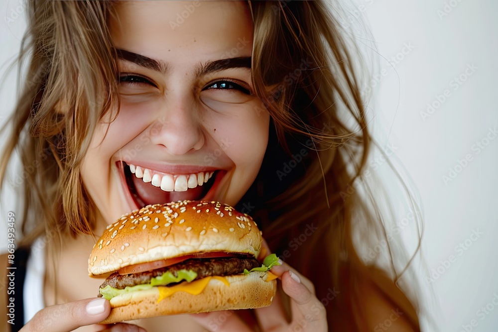 Big Bite. Young woman biting big burger isolated portrait Big Bite. Young woman biting big burger isolated portrait