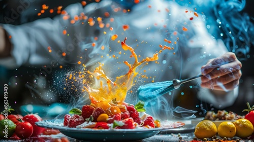 Vibrant Chef Creation: Fruits and Culinary Art Explosion photo