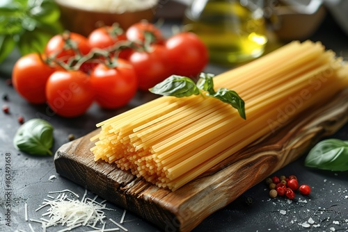 A wooden board with pasta and tomatoes on it