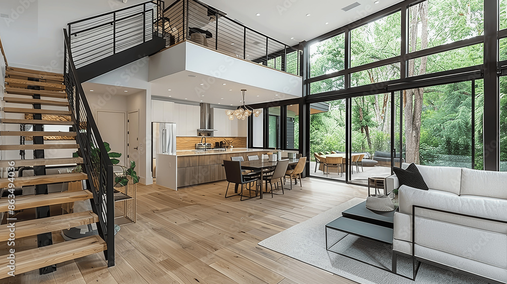 Modern open concept home interior with staircase kitchen living room ...