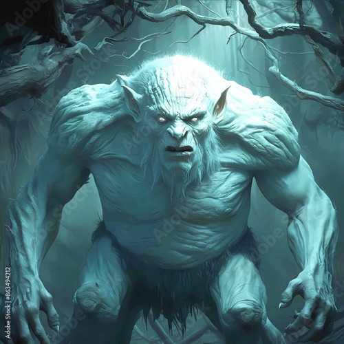 With skin like ancient craggy stone, the unearthly troll's hulking form looms in the shadowy depths of a mystical forest. 