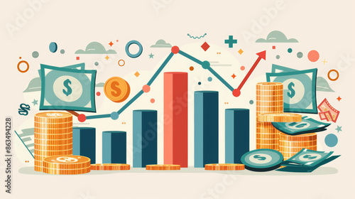 Flat Vector Illustration of Money and Coins with Bar Graph for Business or Financial Growth Concept Template