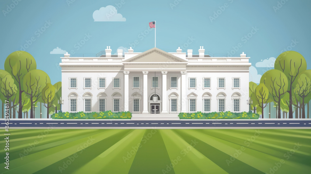 Obraz premium The White House is a large building with a green lawn in front of it. The building is surrounded by trees and has a flag flying on top. The image gives off a sense of patriotism