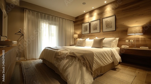 Bedroom interior design with modern decor, comfortable bed and soft bedding © Evandro