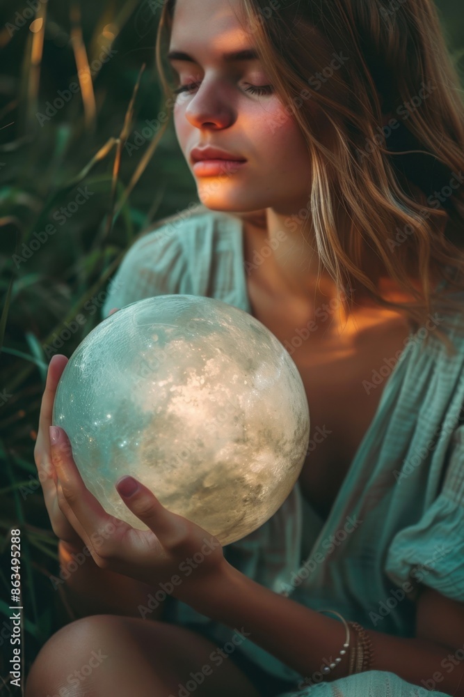 Naklejka premium Girl Holding a Crystal Earth (world). 