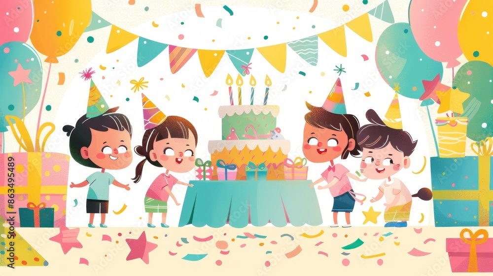 custom made wallpaper toronto digitalChildren Celebrate Birthday Party with Cake and Gifts