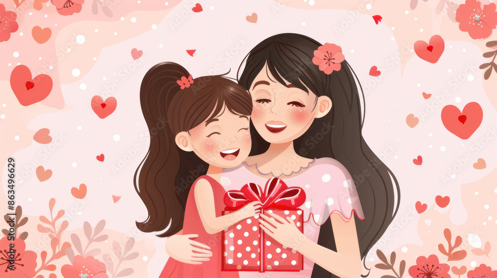 A woman is holding a child and giving her a red present. The scene is filled with hearts, which suggests a happy and loving moment between the two