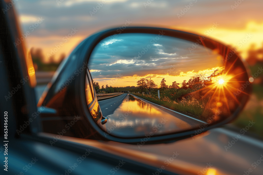 Rear View of Car on Road with Sunset Reflecting, Travel and Driving Journey Concept Rear View of Car on Road with Sunset Reflecting, Travel and Driving Journey Concept