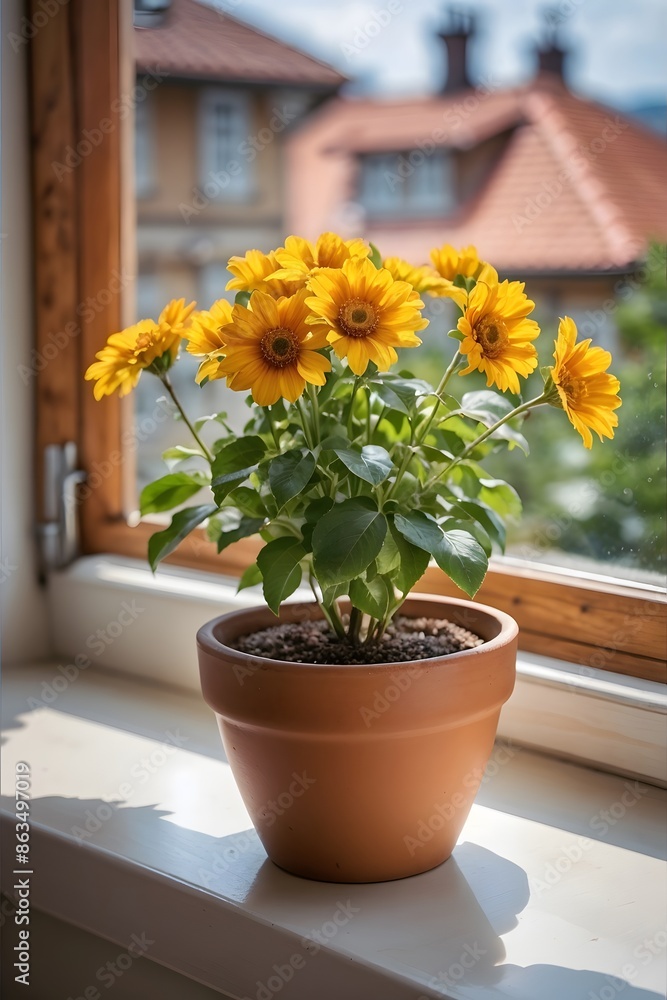Still-life. Photo of a bouquet of calendula flowers on the window.
Still-life. Photo of a bouquet of calendula flowers on the window.
