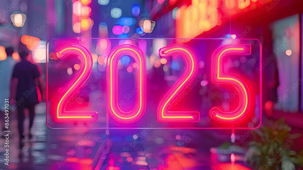 Neon 2025 sign glowing in a vibrant, colorful city street at night, capturing a futuristic and lively urban ambiance. Neon 2025 sign glowing in a vibrant, colorful city street at night, capturing a futuristic and lively urban ambiance.
