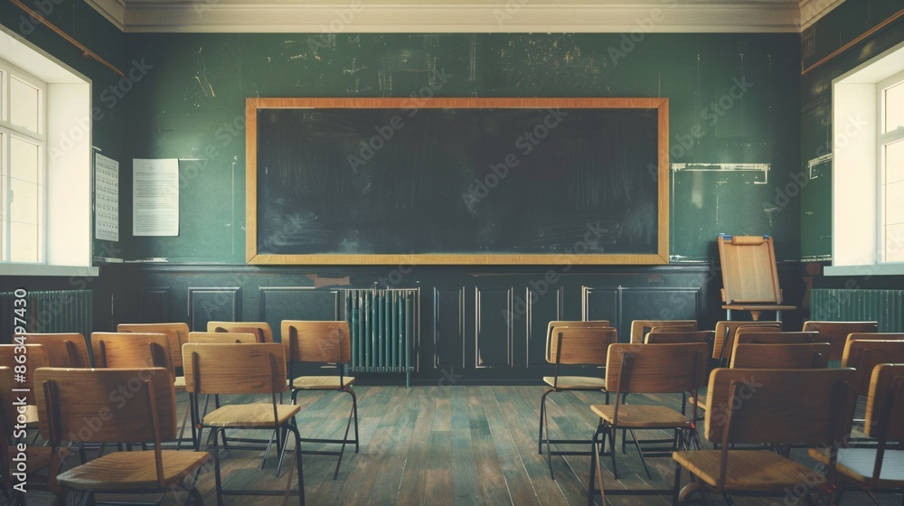 Classroom with empty blackboard and rows of chairs. Education concept. Classroom with empty blackboard and rows of chairs. Education concept.