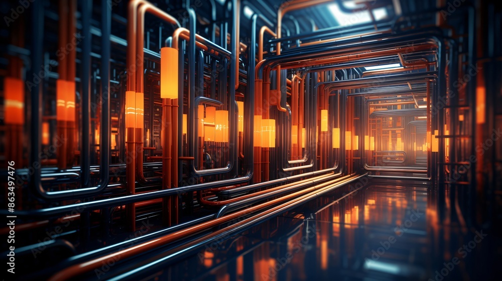 3d rendering of an industrial corridor lighting up with orange lights 3d rendering of an industrial corridor lighting up with orange lights