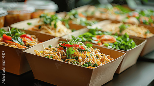 Fresh healthy Asian street cuisine in paper boxes for corporate event at the office