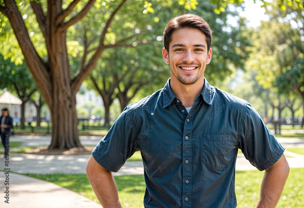 A smiling man in his 30s, with short brown hair, a navy blue t-shirt, outdoors in a park A smiling man in his 30s, with short brown hair, a navy blue t-shirt, outdoors in a park