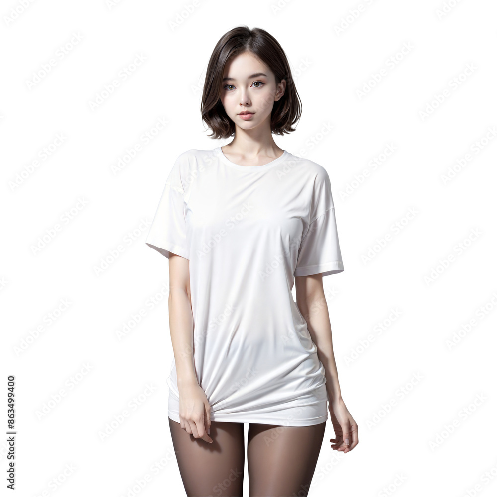 Beautiful woman dressed in blank oversized white t-shirt isolated on transparent background Beautiful woman dressed in blank oversized white t-shirt isolated on transparent background