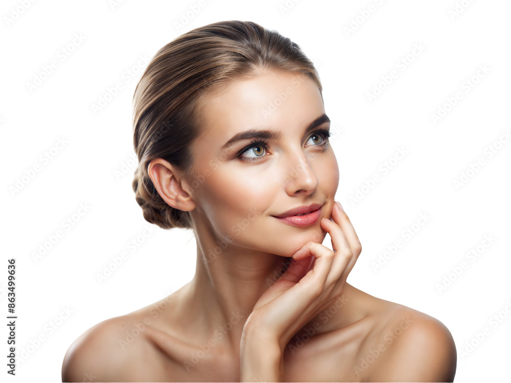 Beautiful woman model with clean fresh skin isolated on transparent background, skin care or cosmetic ads concept Beautiful woman model with clean fresh skin isolated on transparent background, skin care or cosmetic ads concept